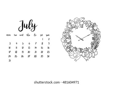Desk calendar horizontal template 2017 for month July. Week starts Monday