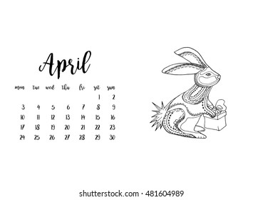 Desk calendar horizontal template 2017 for month April. Week starts Monday
