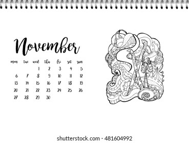 Desk calendar horizontal template 2017 for month November. Week starts Monday