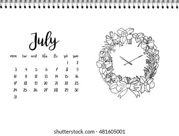 Desk calendar horizontal template 2017 for month July. Week starts Monday