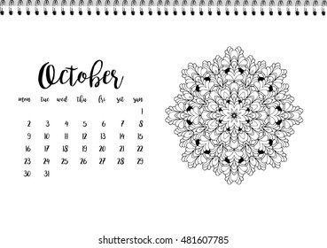 Desk calendar horizontal template 2017 for month October. Week starts Monday