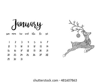 Desk calendar horizontal template 2017 for month January. Week starts Monday