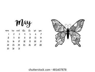 Desk calendar horizontal template 2017 for month May. Week starts Monday