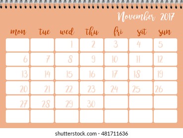Desk calendar horizontal template 2017 for month November. Week starts Monday