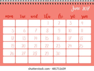 Desk calendar horizontal template 2017 for month June. Week starts Monday
