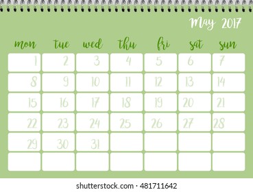 Desk calendar horizontal template 2017 for month May. Week starts Monday