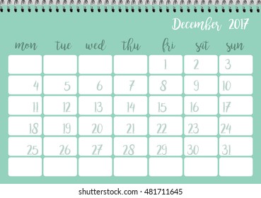 Desk calendar horizontal template 2017 for month December. Week starts Monday