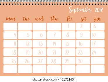 Desk calendar horizontal template 2017 for month September. Week starts Monday