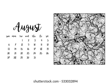 Desk calendar horizontal template 2017 for month August. Week starts Sunday