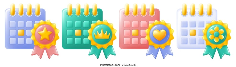 Desk Calendar icon set with schedule, assignment, appointment or other significant event, with sign of star, crown, heart and flower. Planning concept. 3d minimalist style. Vector illustration.