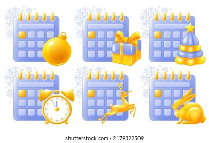 Icono de Calendario de escritorio con horario para Navidad y Año Nuevo. Conejo como símbolo de Año Nuevo 2023 y otros objetos festivos. Concepto de planificación. 3 quinquies de estilo minimalista. Ilustración del vector