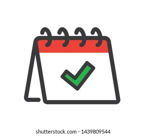 Desk calendar icon with a tick. Flat style - stock vector.