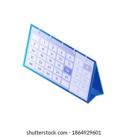 Vector isométrico del calendario de escritorio. Recordatorio azul organizador del año y semana del día de planificación. Programación creativa de administración con informe mensual. Fecha límite de cita para información y cuenta regresiva.