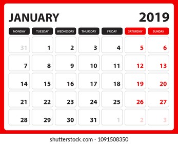 Desk calendar for January 2019 template, Printable calendar, Planner design template, Week starts on Sunday, Stationery design, vector illustration