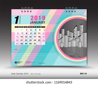 Desk calendar for January 2019 template, Printable calendar, Planner design template, Week starts on Sunday, Stationery design, vector illustration