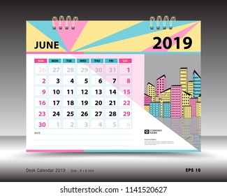 Desk calendar for JUNE 2019 template, Printable calendar, Planner design template, Week starts on Sunday, Stationery design, minimal vector illustration