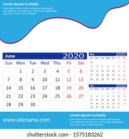 Desk calendar for June 2020 template, Printable calendar, Planner design template, Week starts on Sunday, Stationery design, vector illustration