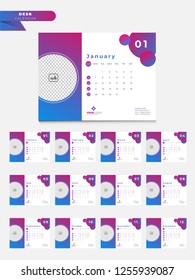 Desk calendar layout, complete set of 12 months with abstract elements.