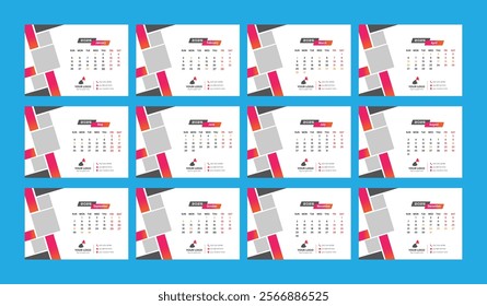 Desk Calendar Layout template Design 2025. 2020 calendar. Week start Sunday corporate design template vector. Desktop Planner Template. Corporate business wall or desk simple Planner calendar Layout