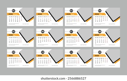 Desk Calendar Layout template Design 2025. 2020 calendar. Week start Sunday corporate design template vector. Desktop Planner Template. Corporate business wall or desk simple Planner calendar Layout