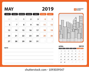 Desk calendar for MAY 2019 template, Printable calendar, Planner design template, Week starts on Sunday, Stationery design, vector illustration