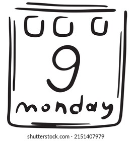 Schreibtischkalender, Arbeitswoche - Montag, Vektorgrafik einzeln auf Doodle-Stil, schwarze Umrisse, weißer Hintergrund, Geschäftsdoodle