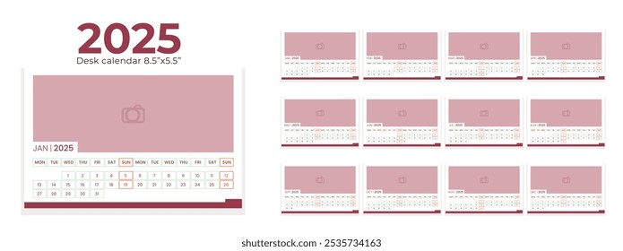 Desk Calendar Pinkish Red  Template 2025, New Year 2025 table calendar, Minimalist desk calendar 2025 template. Week start on Monday.