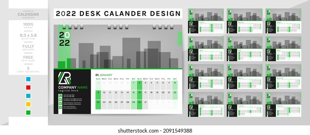 Desk calendar and planner diary template for the year 2022. This creative elegant calendar is a must for your home and office. 2 theme colorwork, black, and others. The 12-page week begins on Sunday.