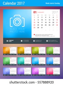 Desk Calendar Planner Template for 2017 Year. Week Starts Sunday. Set of 12 Months. Place for Notes. Stationery Design. Vector Calendar Template