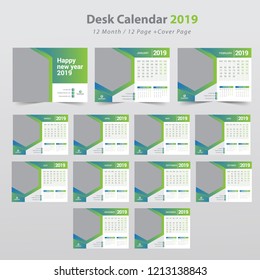 Desk calendar planner template for 2019 year. Set of 12 months. Week starts on Monday. 