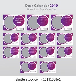 Desk calendar planner template for 2019 year. Set of 12 months. Week starts on Monday. 