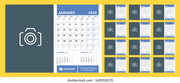 Desk calendar planner template for 2020 year. Set of 12 pages. Week starts on Monday. Vector illustration