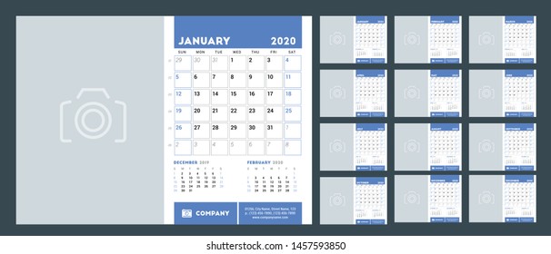 Desk calendar planner template for 2020 year. Set of 12 pages. Week starts on Sunday. Vector illustration