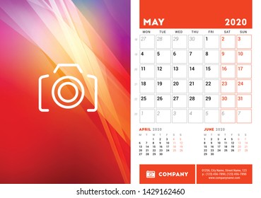 Desk calendar planner template for May 2020. Week starts on Monday. Design template. Vector illustration