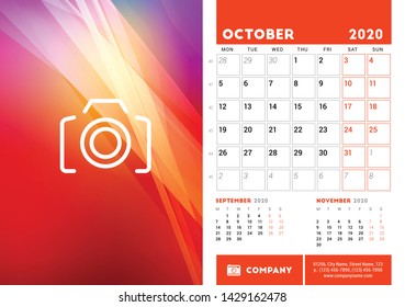 Desk calendar planner template for October 2020. Week starts on Monday. Design template. Vector illustration