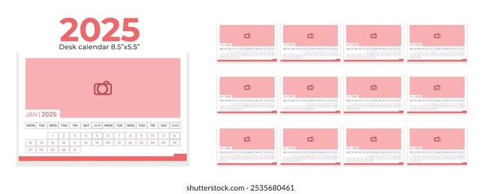 Desk Calendar Red Template 2025, New Year 2025 table calendar, Minimalist desk calendar 2025 template. Week start on Monday.