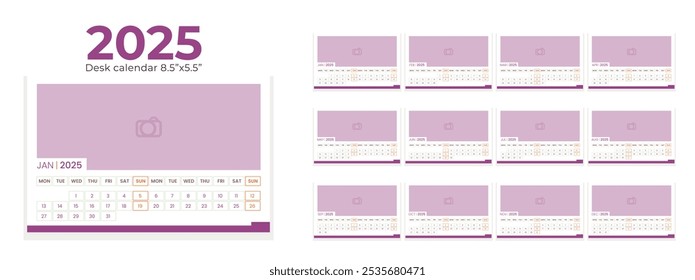 Desk Calendar Reddish Magenta Template 2025, New Year 2025 table calendar, Minimalist desk calendar 2025 template. Week start on Monday.