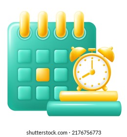 Desk Calendar with schedule, assignment, appointment or other significant event, notebooks and alarm clock icon. Planning concept. 3d minimalist style. Vector illustration.