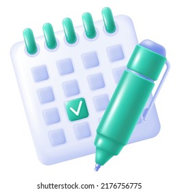 Desk Calendar with schedule, assignment, appointment or other significant event, and ballpoint pen icon. Planning concept. 3d minimalist style. Vector illustration.