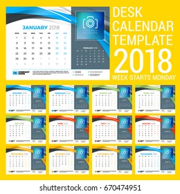 Desk calendar set for 2018 year. Design print template with abstract background. Place for photo. Two months on the page. Week starts on Monday. Vector Illustration