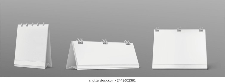 Desk calendar with spiral mockup. Realistic 3d vector set of vertical and square table flip planner with white empty paper pages in different angles of view. Standing desktop schedule template.