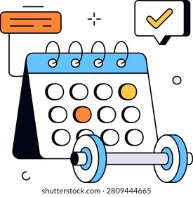 A desk calendar stands behind a dumbbell with a checkmark notification and progress bar above. It represents organized workout scheduling and consistency in a fitness journey.