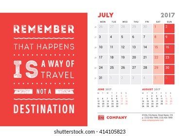 Desk Calendar Template for 2017 Year. July. Design Template with Motivational Quote. 3 Months on Page. Vector Illustration