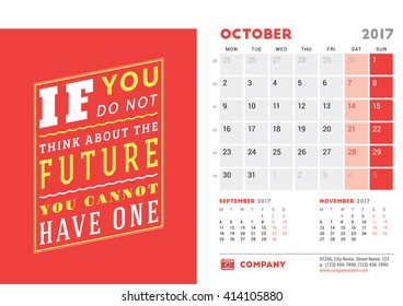 Desk Calendar Template for 2017 Year. October. Design Template with Motivational Quote. 3 Months on Page. Vector Illustration