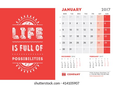 Desk Calendar Template for 2017 Year. January. Design Template with Motivational Quote. 3 Months on Page. Week starts Monday. Vector Illustration