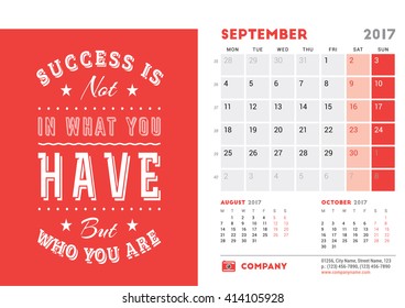 Desk Calendar Template for 2017 Year. September. Design Template with Motivational Quote. 3 Months on Page. Vector Illustration