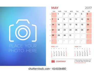Desk Calendar Template for 2017 Year. May. Design Template with Place for Photo. 3 Months on Page. Vector Illustration. Stationery Design