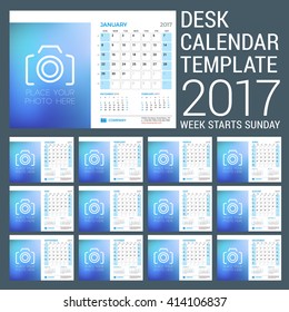 Desk Calendar Template for 2017 Year. Set of 12 Months. Vector Design Template with Place for Photo. 3 Months on Page. Week starts Sunday. Vector Illustration