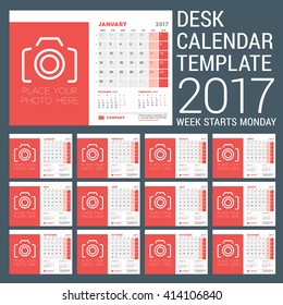 Desk Calendar Template for 2017 Year. 12 Months. Design Template with Place for Photo. 3 Months on Page. Vector Illustration. Week starts Monday. Stationery Design