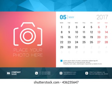 Desk Calendar Template for 2017 Year. May. Design Template with Place for Photo. Week starts Monday. Vector Illustration